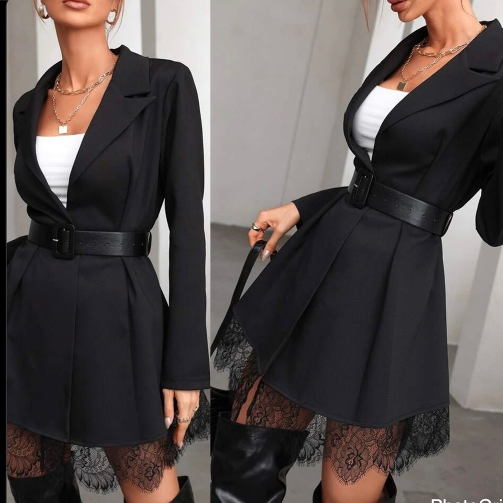 SHEIN Eyelash Lace Panel Belted Blazer